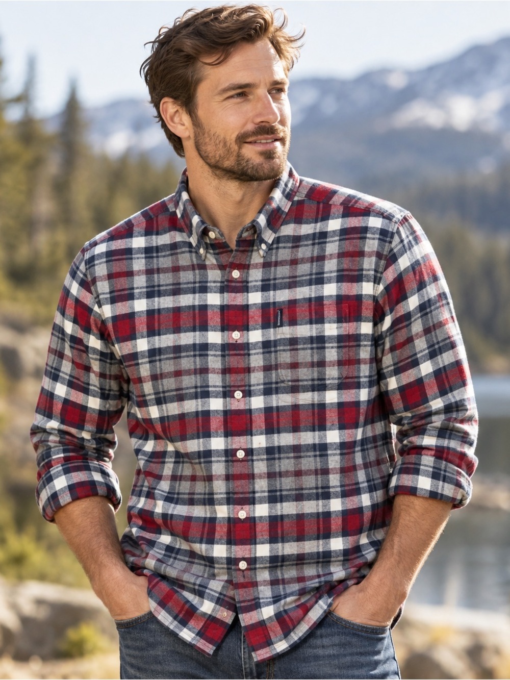 Barbour Flannel Shirt Highland Check 31 Tailored Mens Large Red Blue Plaid